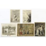 Five assorted 17th century engravings comprising La Mine de cette Accouchee... Mother swaddling a