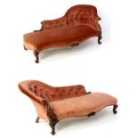 A pair of Victorian mahogany serpentine fronted chaise longue, with shaped, deep buttoned backrests,