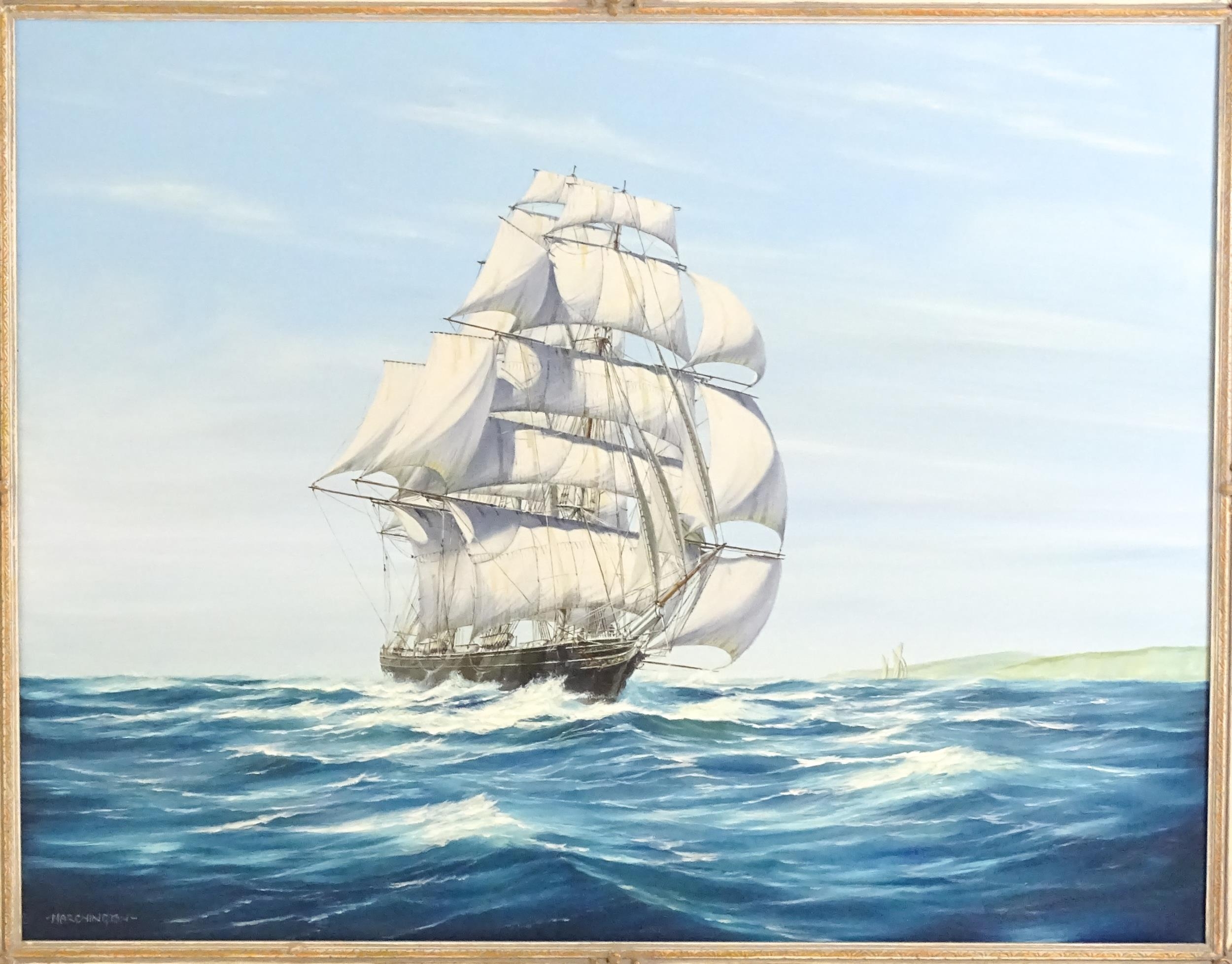 Philip Marchington, 20th century, Oil on canvas, A tall ship off the coast. Signed lower left. - Image 3 of 4