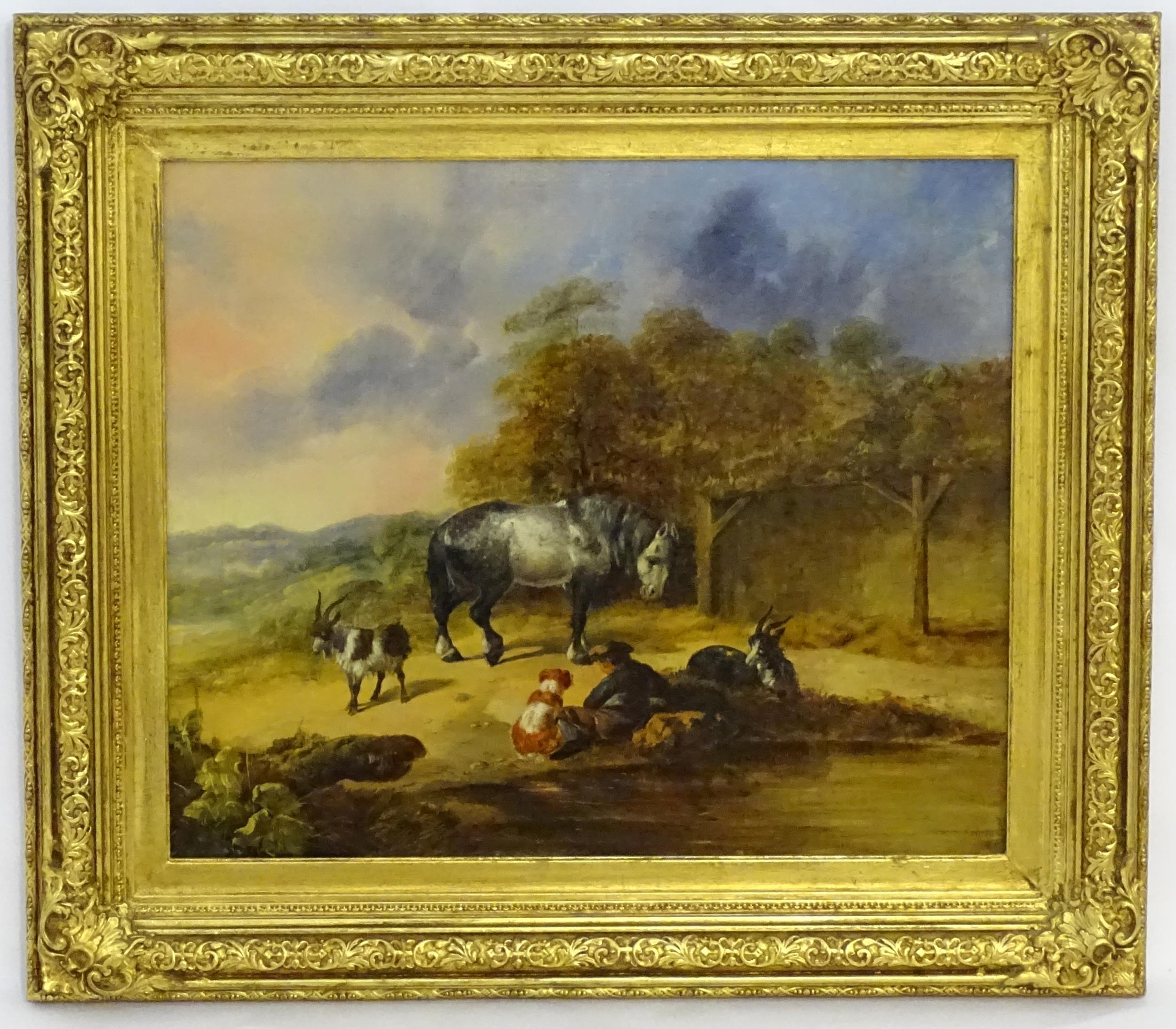 Circle of William Shayer (1787-1879), Oil on canvas, A figure resting in a landscape with dog, horse