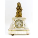 A French Japy Freres mantle clock, the alabaster base with gilt Roman Numerals, surmounted by a cast