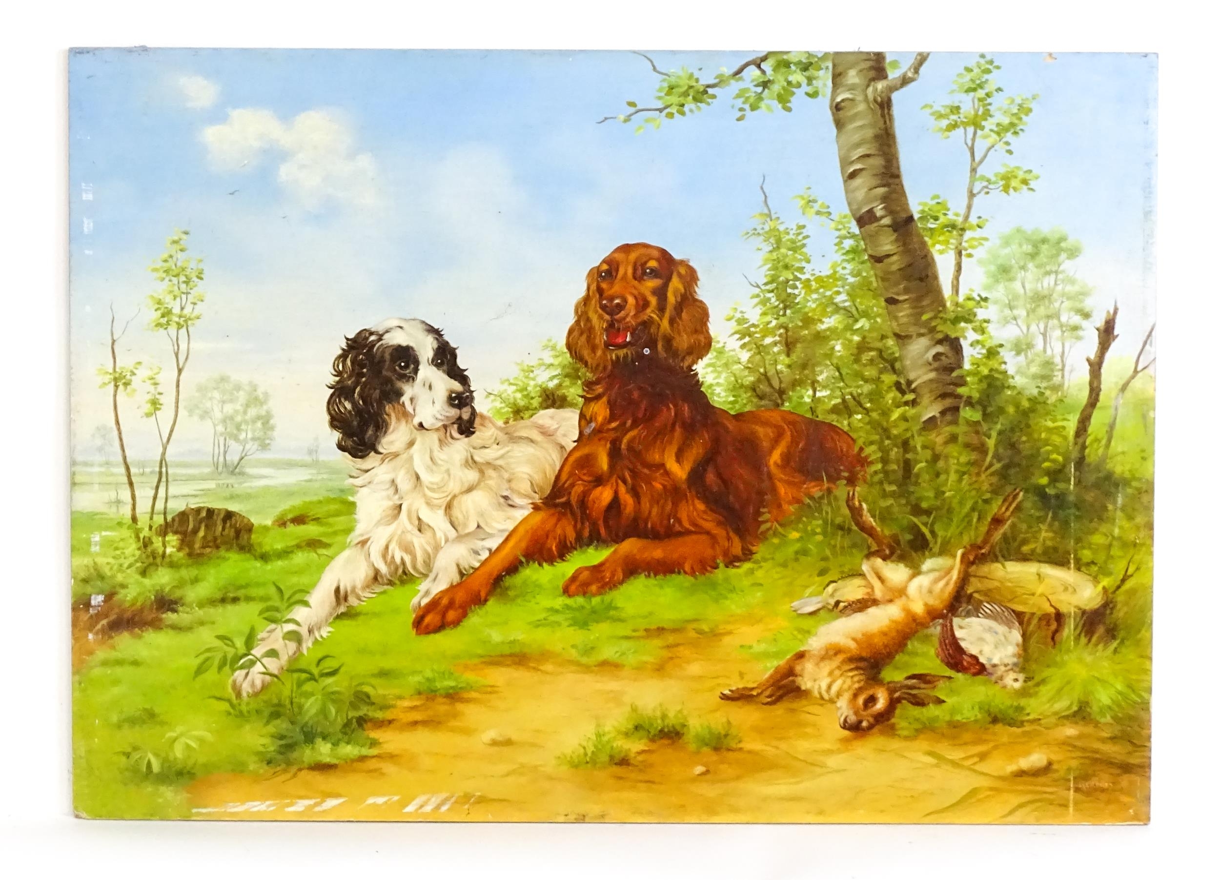 20th century, English school, Oil on board, A landscape scene with Spaniel gun dogs resting with the - Image 3 of 4