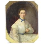 19th century, English School, Oil on canvas, A portrait of a young lady wearing a white dress with