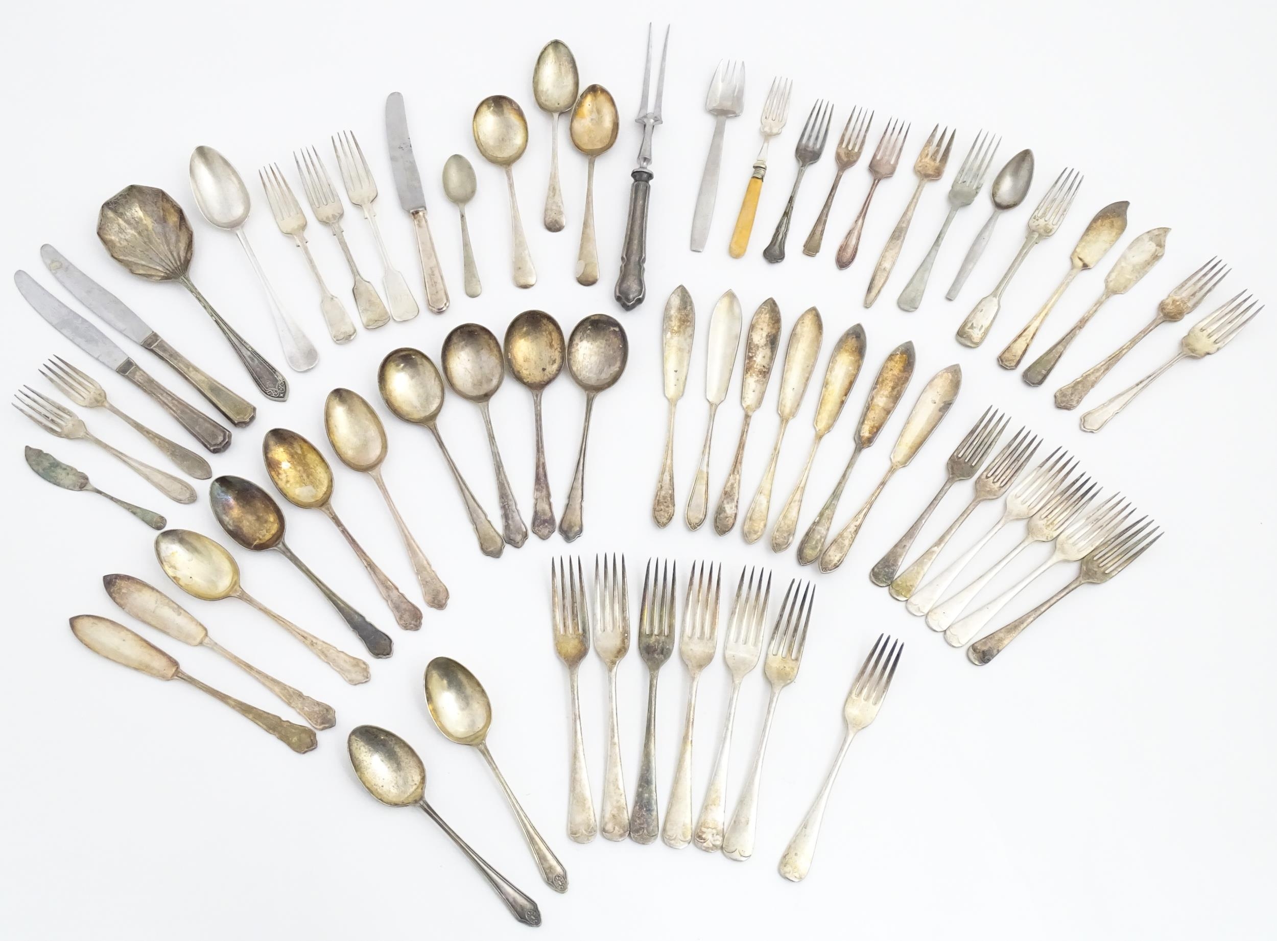 A quantity of silver plate flatware / cutlery to include spoons, forks, fish eaters, etc. Please