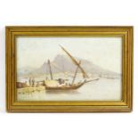 19th century, Watercolour, A Greek / Turkish harbour scene with fishermen and boats, with mountain
