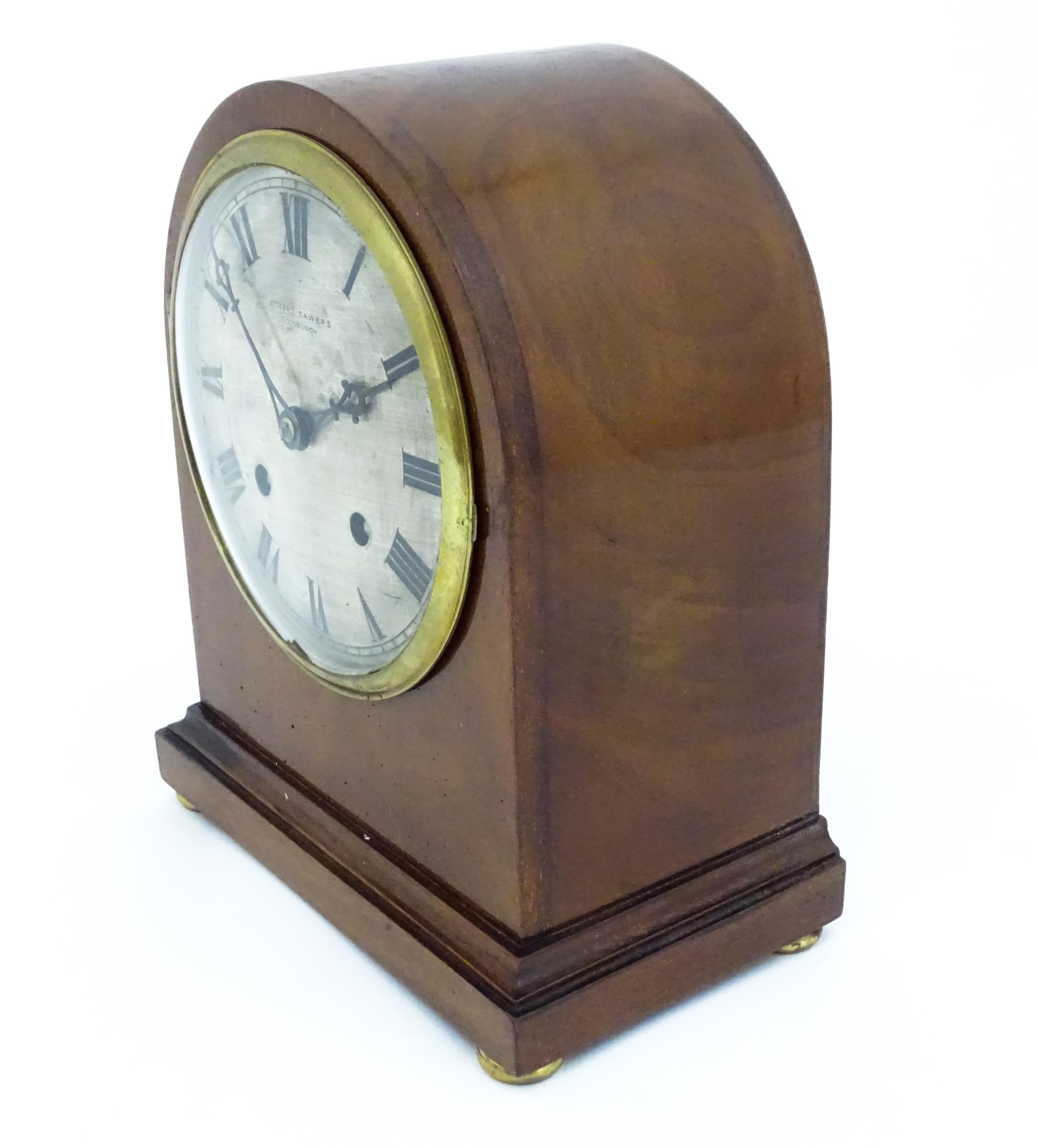 A mahogany cased mantle clock, the silvered dial with roman numerals and signed Robert Sawers - Image 4 of 11