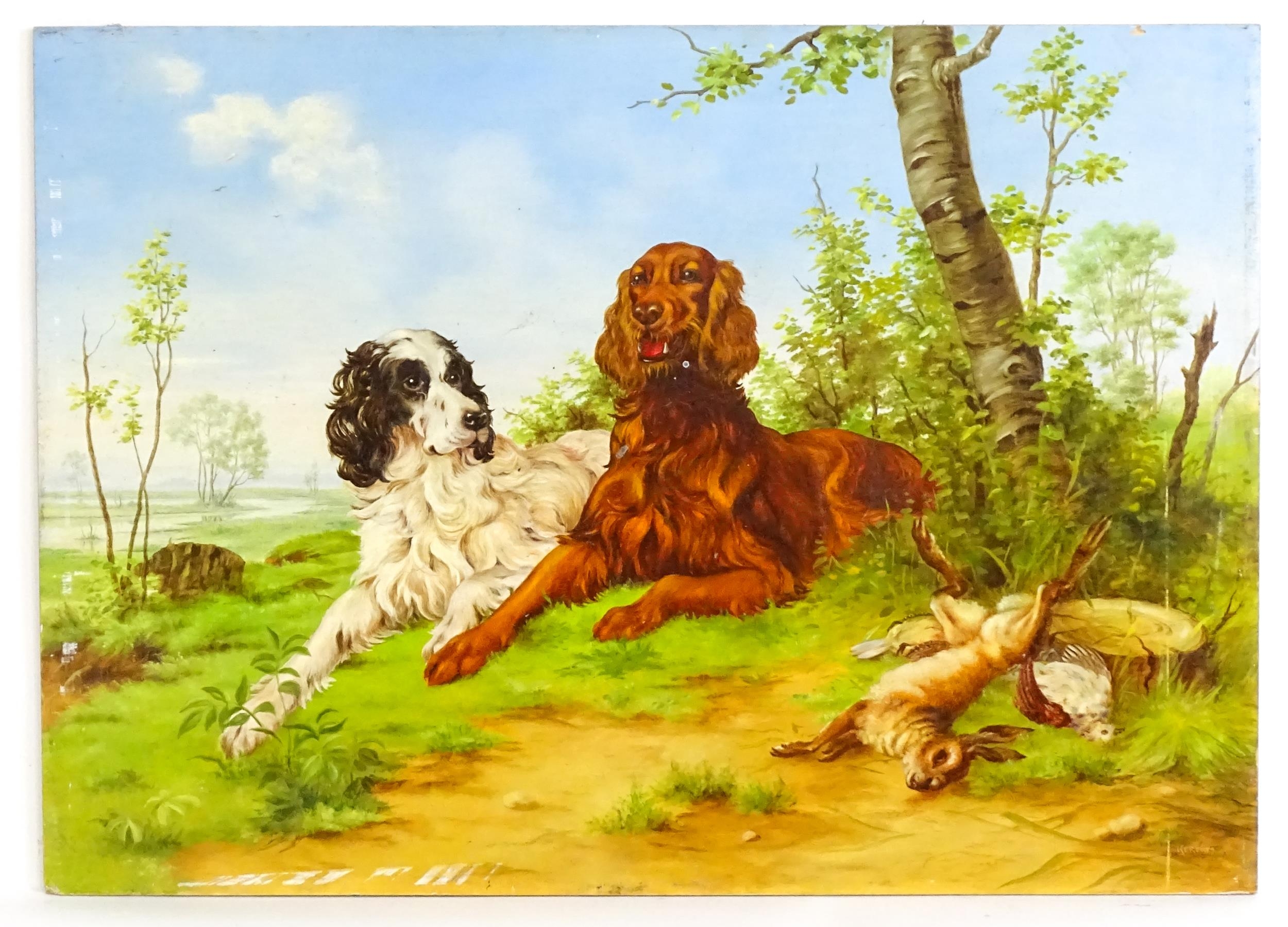 20th century, English school, Oil on board, A landscape scene with Spaniel gun dogs resting with the