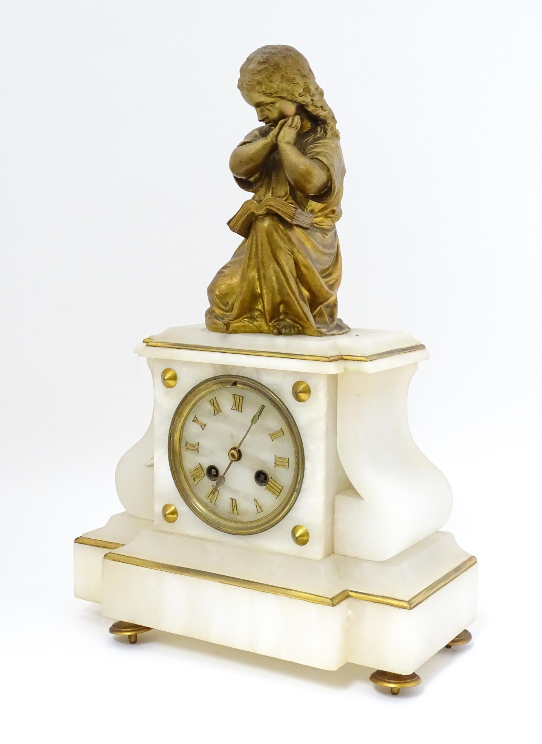 A French Japy Freres mantle clock, the alabaster base with gilt Roman Numerals, surmounted by a cast - Image 5 of 9