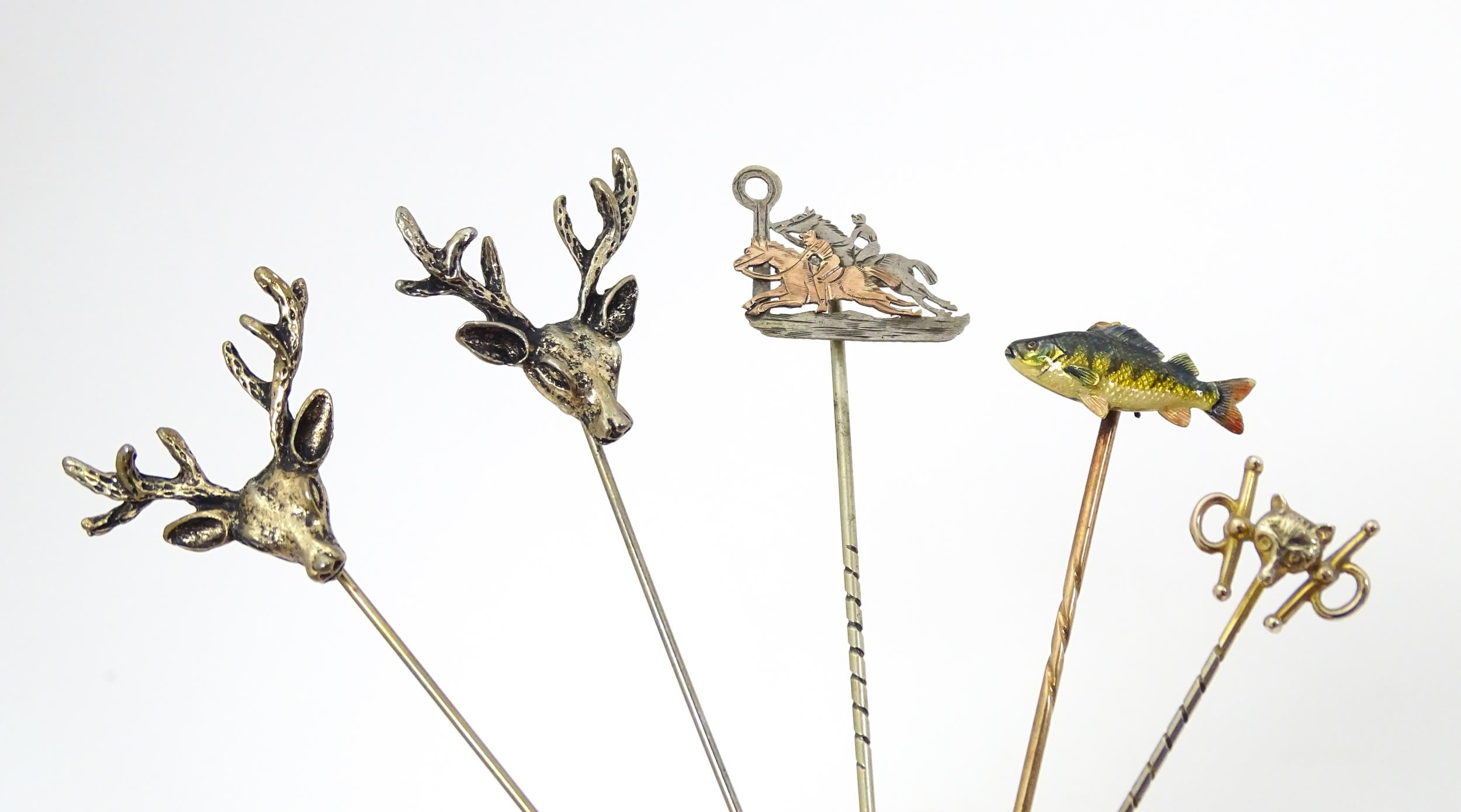 Five assorted yellow and white metal stick pins to include two decorated with stag head detail, - Image 7 of 11