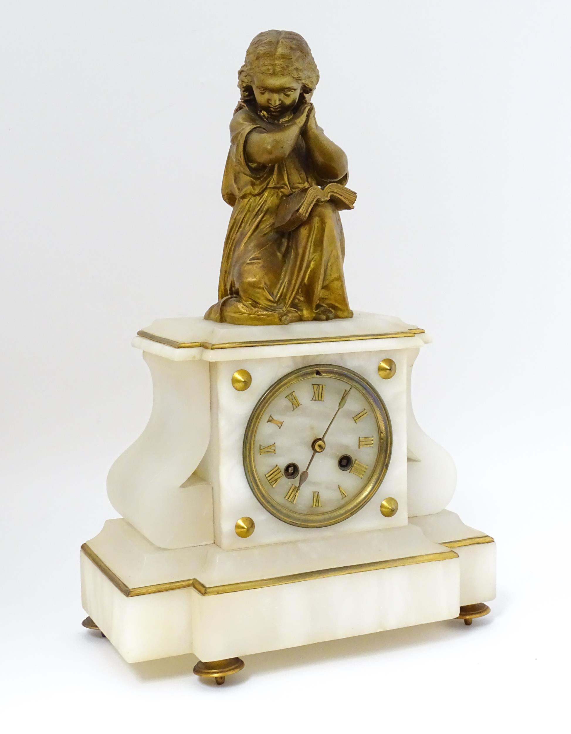 A French Japy Freres mantle clock, the alabaster base with gilt Roman Numerals, surmounted by a cast - Image 3 of 9