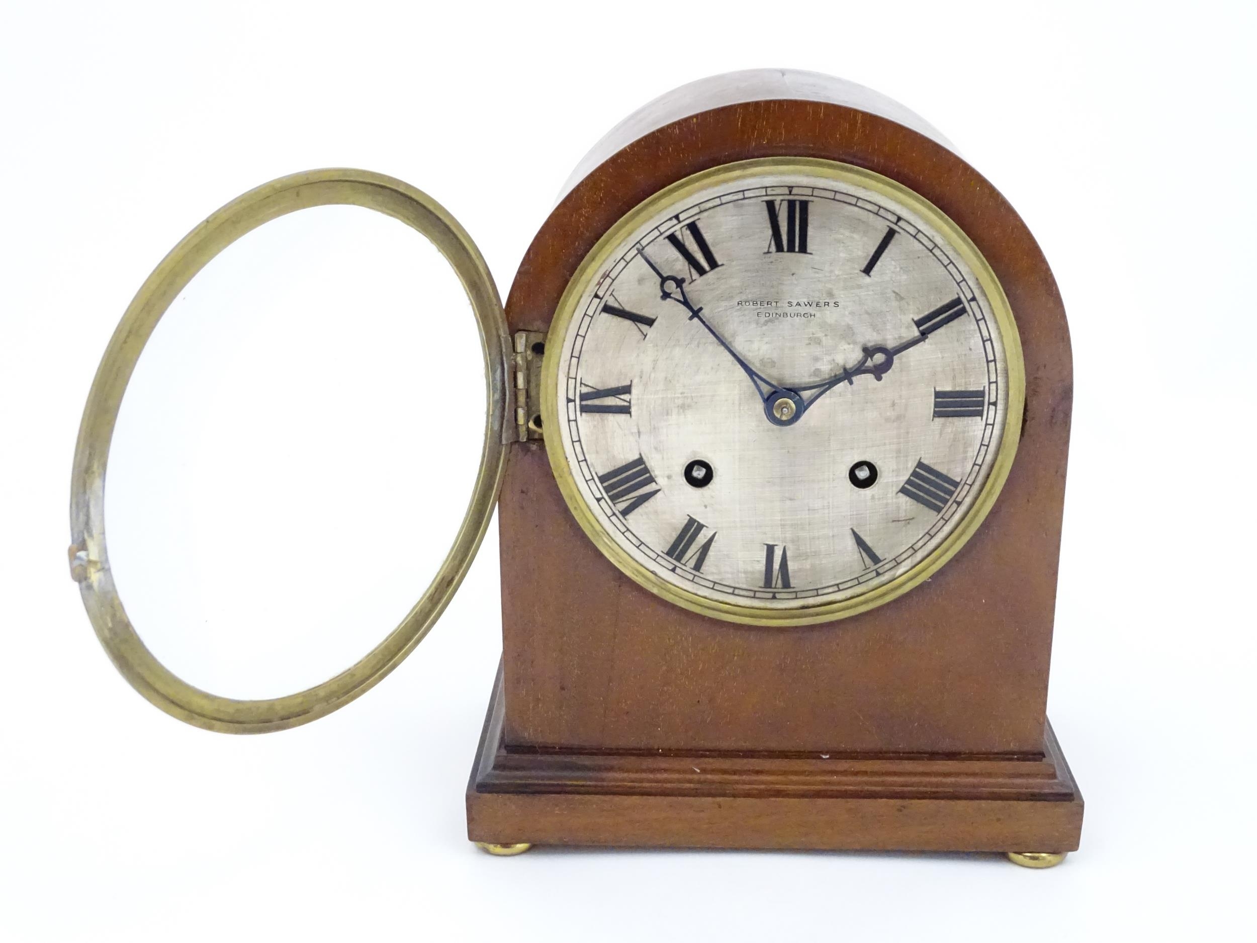 A mahogany cased mantle clock, the silvered dial with roman numerals and signed Robert Sawers - Image 5 of 11