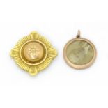 An early 20thC 9ct gold pendant locket. Approx. 1" diameter. Together with a Victorian brooch front.