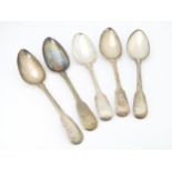 Five assorted 19thC silver Fiddle pattern dessert spoons comprising two hallmarked London 1820 maker