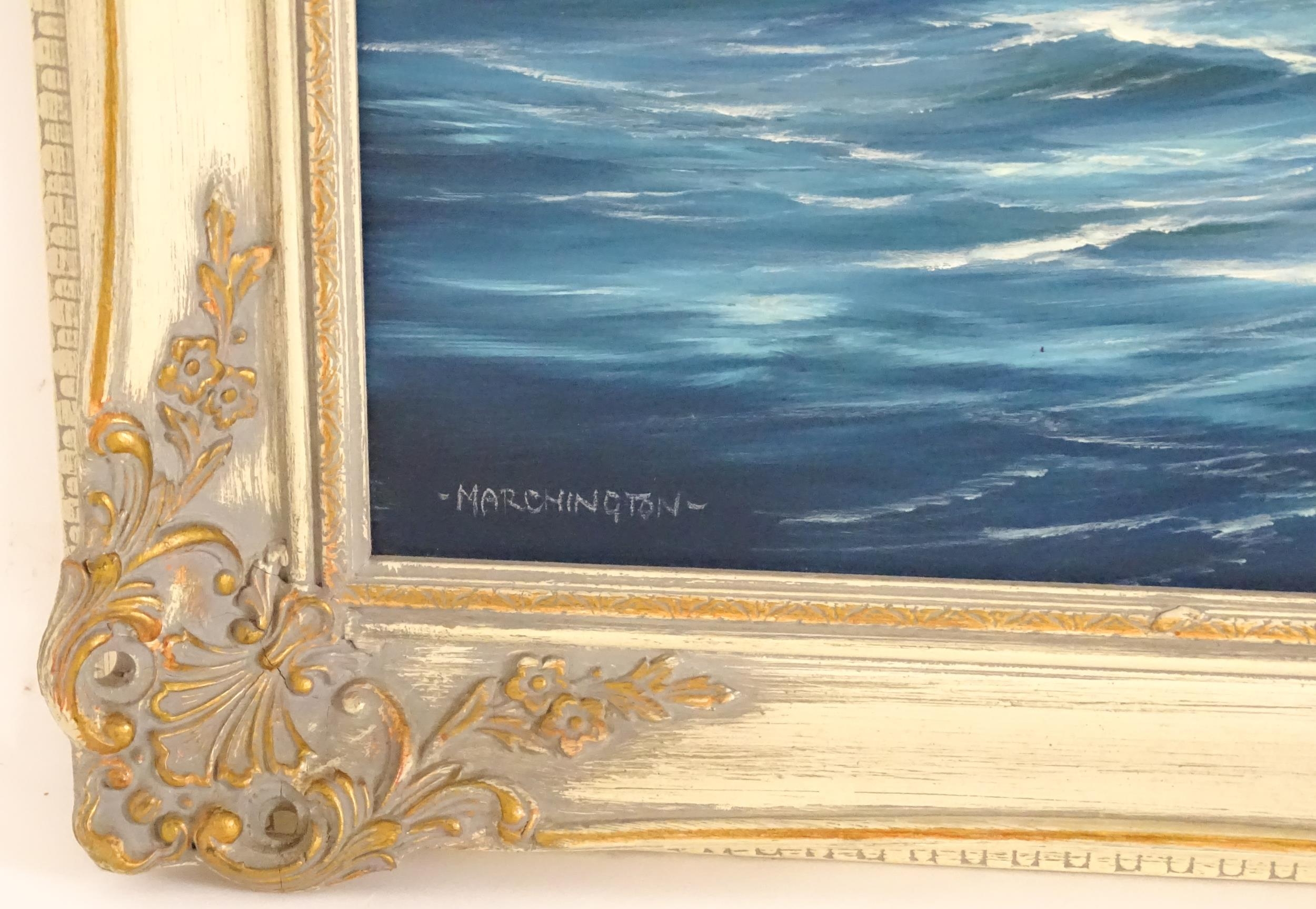 Philip Marchington, 20th century, Oil on canvas, A tall ship off the coast. Signed lower left. - Image 4 of 4