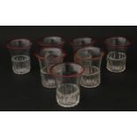 Salviati & Co. Glassware: Seven Venetian glass tot / shot glasses with pink detail to rims.