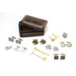 A leather stud box containing assorted cufflinks etc, to include Mexican silver cufflinks with