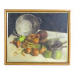 John Tetley, 20th century, Oil on canvas, A still life study with vegetables and a colander.