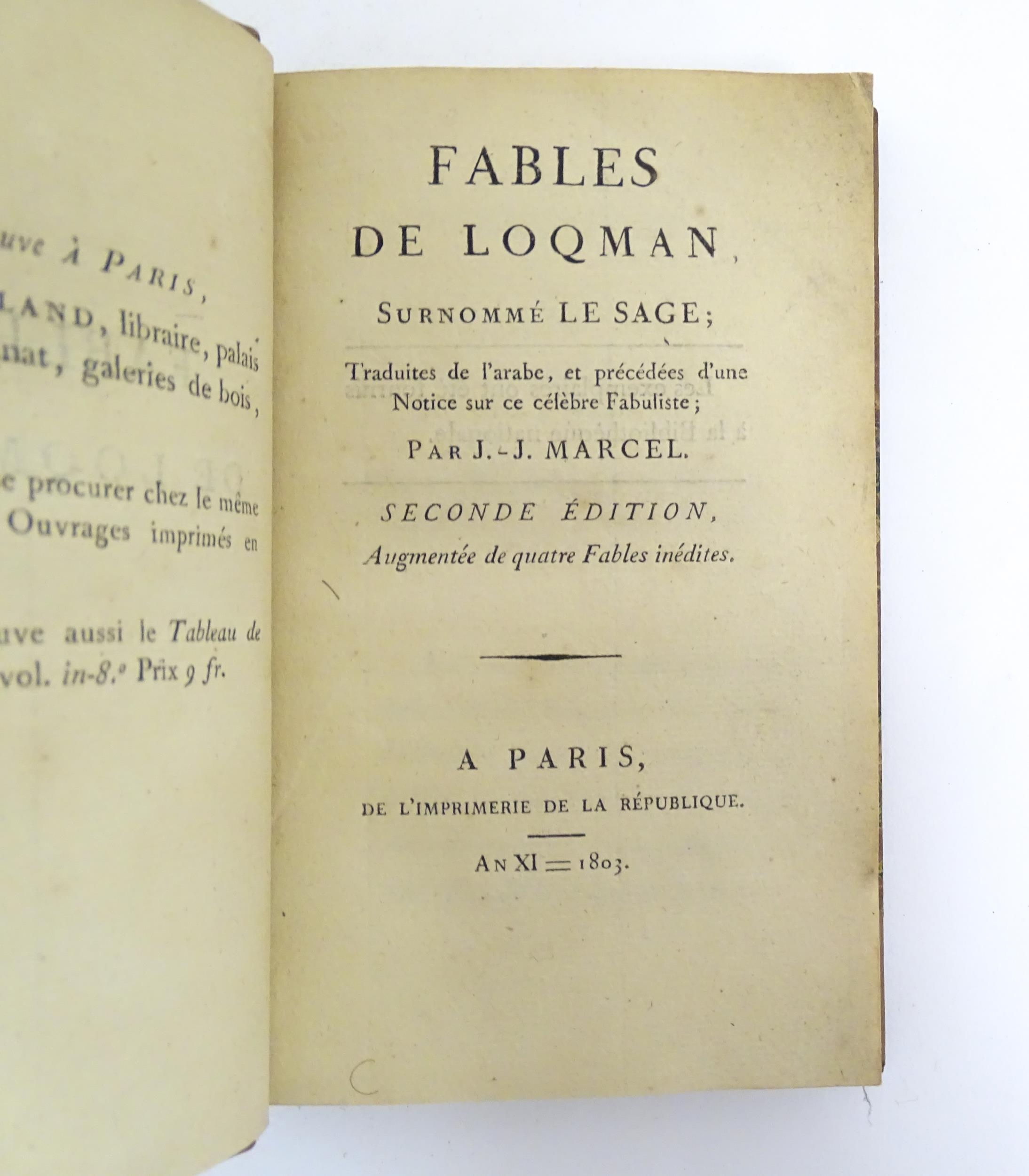 Book: Fables de Loqman, surnomme le Sage, by Jean Joseph Marcel, second edition. Published in Paris, - Image 2 of 7