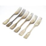Six 19thC silver Fiddle pattern table forks comprising three Hallmarked London 1842 and one