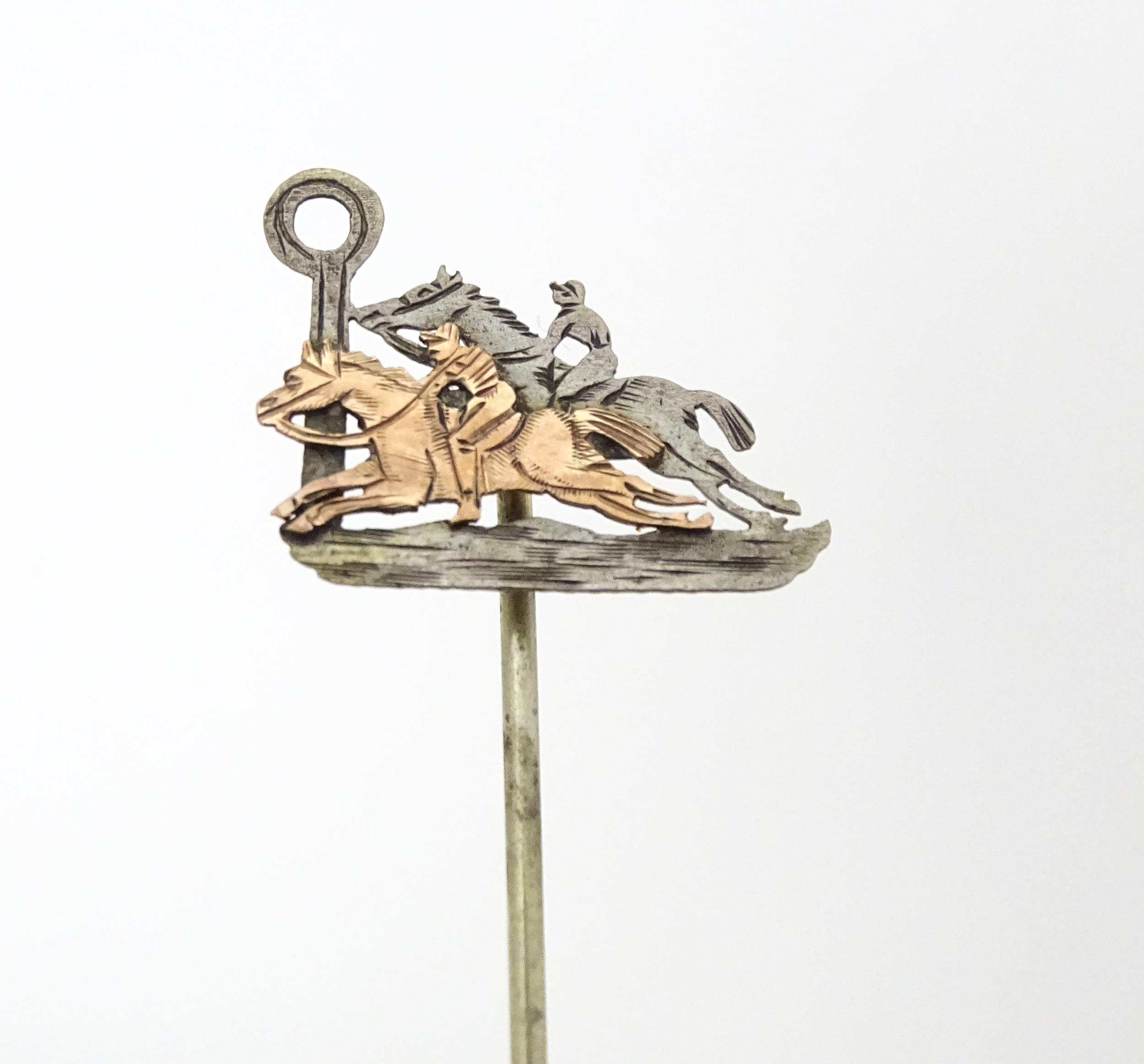 Five assorted yellow and white metal stick pins to include two decorated with stag head detail, - Image 5 of 11