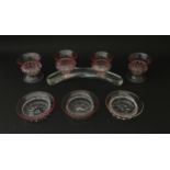 Salviati & Co. Glassware: Venetian glass posy vases / salts with pink detail. Tallest approx. 2 1/4"