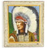 M. Ward, 20th century, Oil on board, A Native American portrait with feather headdress. Signed lower