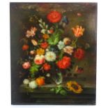 Manner of Thomas Webster, 20th century, Oil on board, Summer blooms in a glass vase. Approx. 30" x