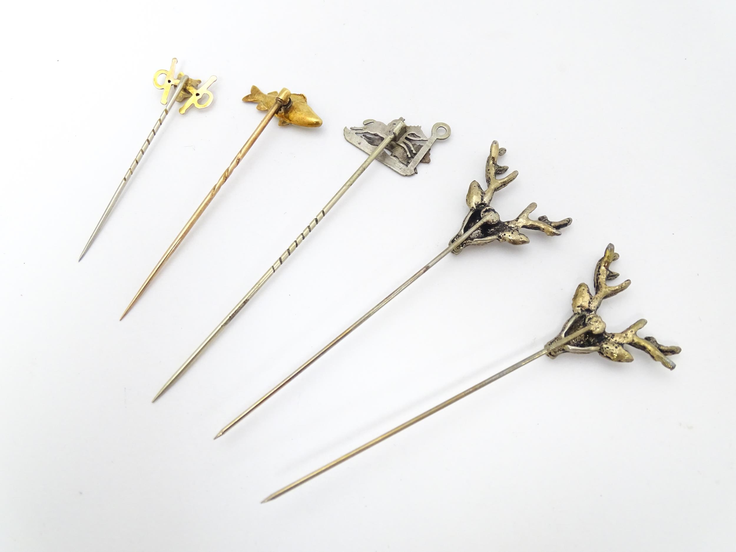 Five assorted yellow and white metal stick pins to include two decorated with stag head detail, - Image 8 of 11