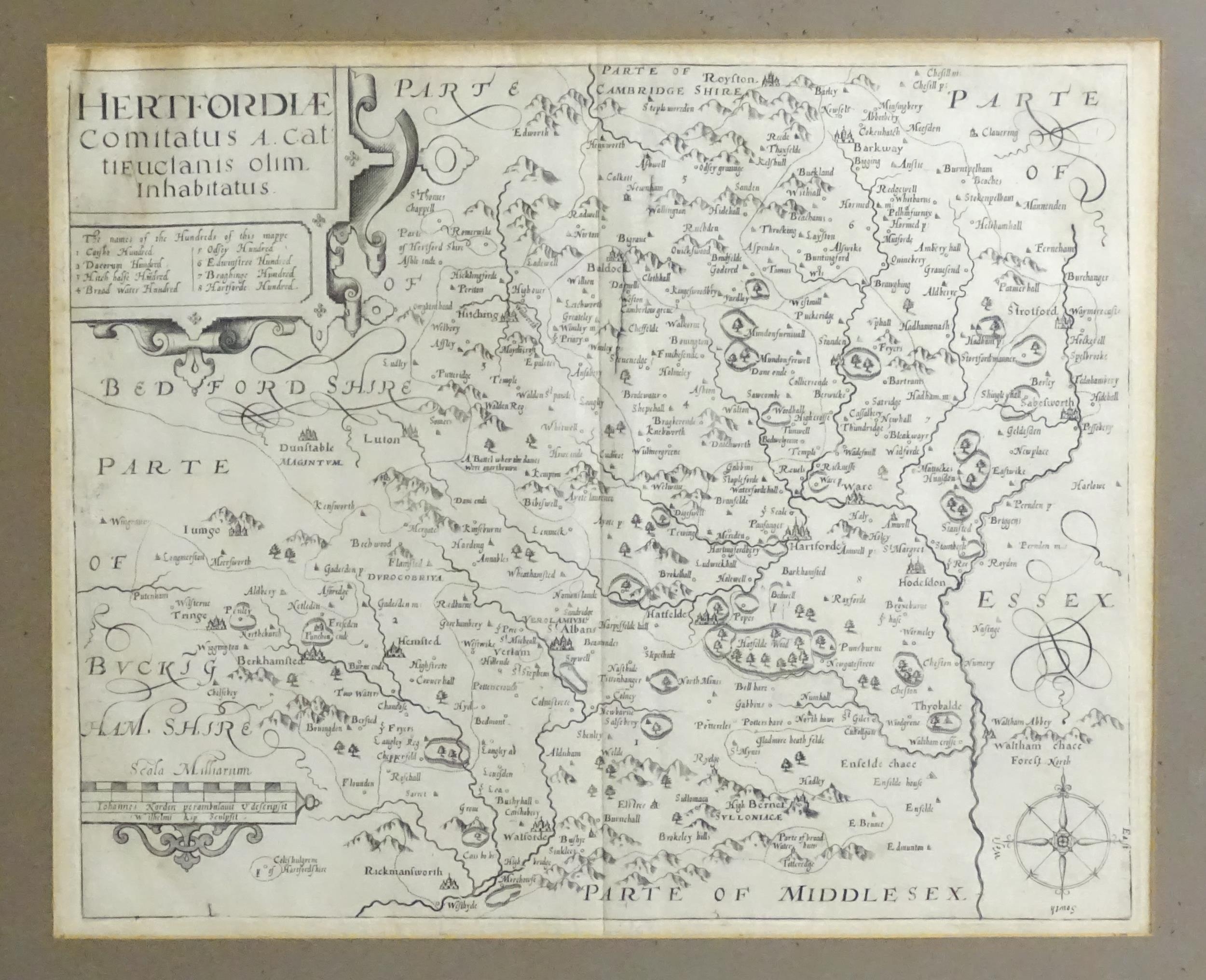 Map: A 16thC map of Hertfordshire (Hertfordiae Comitatus) after William Kip (act. 1598-1635), from - Bild 3 aus 7