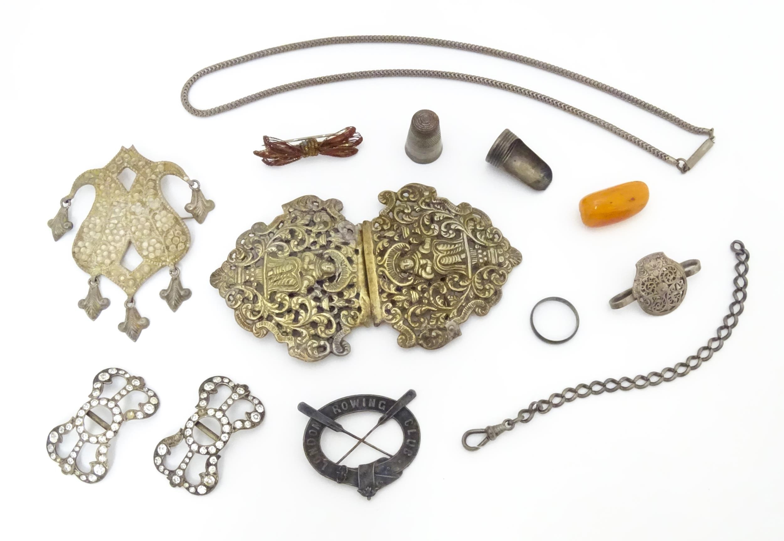 A pair of 19thC shoe buckles set with paste stones, together with assorted brooches including a - Image 3 of 11