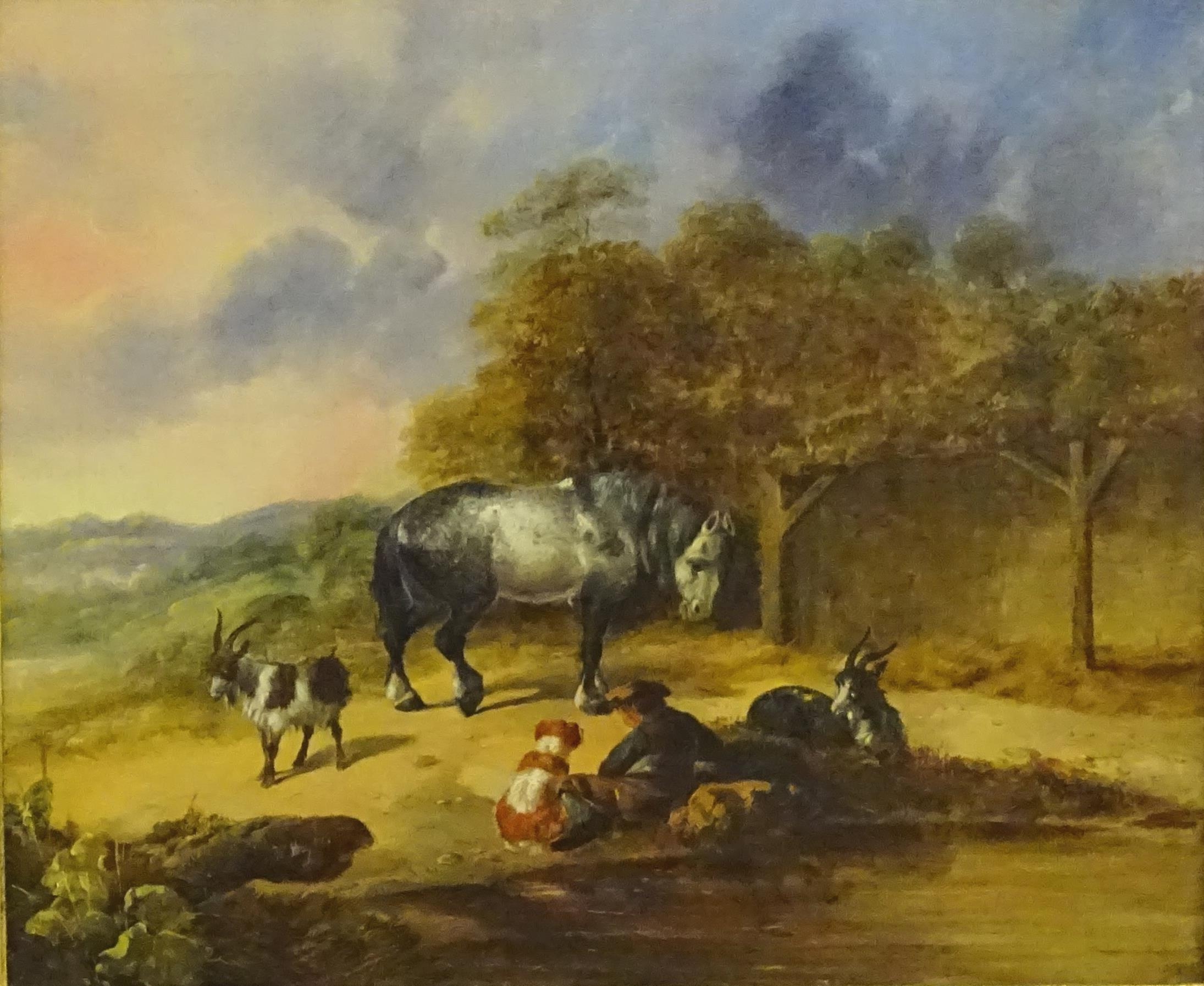 Circle of William Shayer (1787-1879), Oil on canvas, A figure resting in a landscape with dog, horse - Image 3 of 5