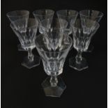 Eight pedestal drinking glasses on a hexagonal foot. Approx 6 1/4" high Please Note - we do not make