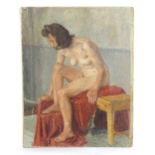 20th century, Oil on canvas laid on board, A female nude on a bench with red drapery. Possibly