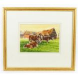 David Stanesby (1940-2007), Watercolour, Three long horned cattle in field with barn beyond.