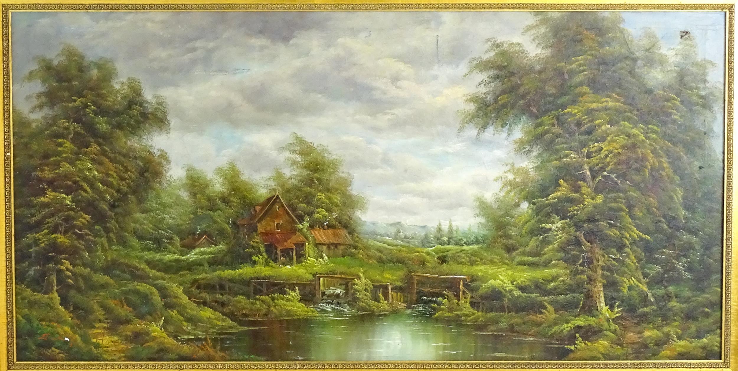 Late 19th / 20th century, English School, Oil on canvas, A wooded river landscape with watermill. - Image 3 of 4