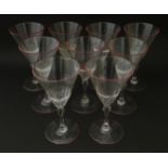 Salviati & Co. Glassware: Nine Venetian glass pedestal drinking glasses with pink detail to rims.