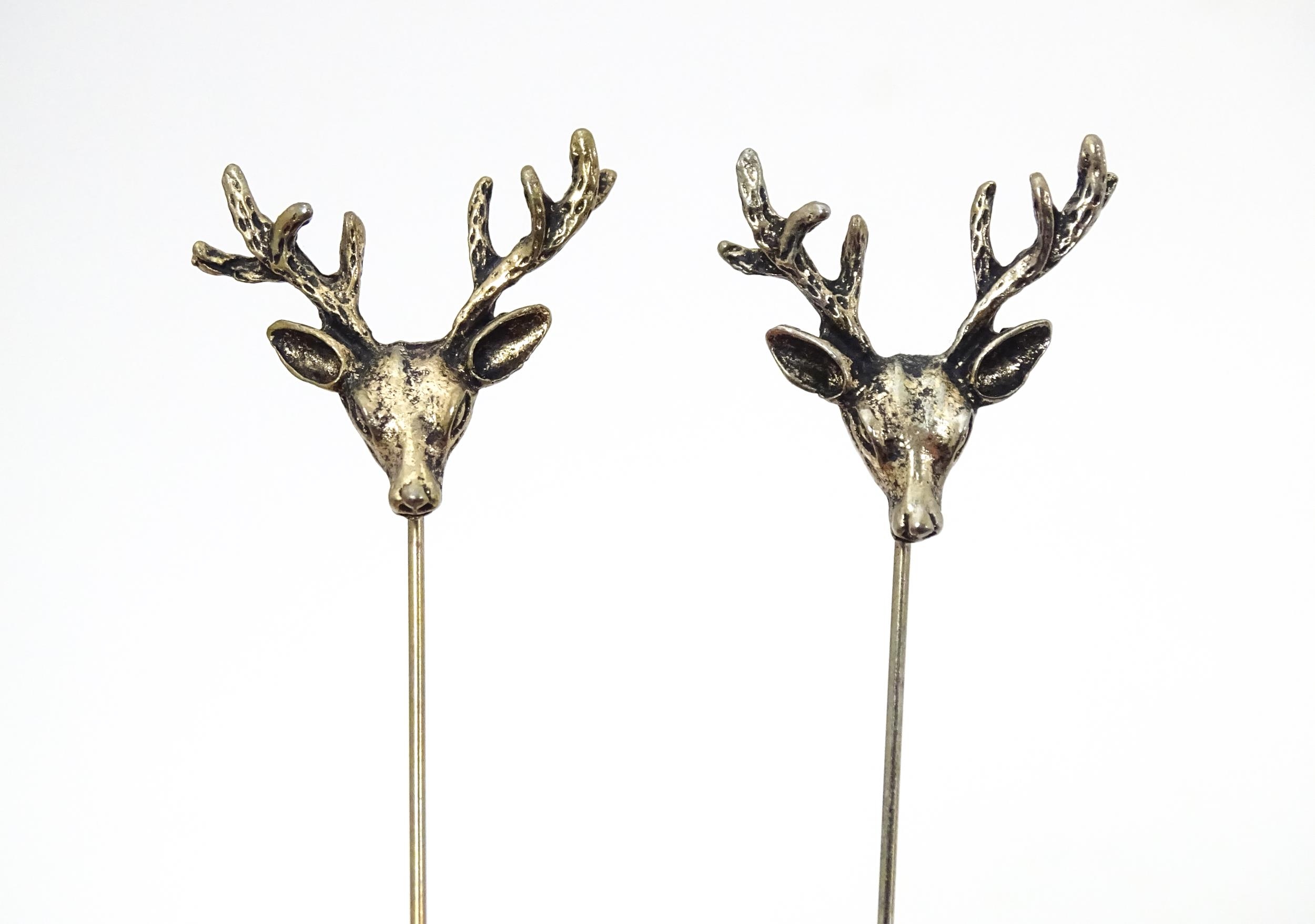 Five assorted yellow and white metal stick pins to include two decorated with stag head detail, - Image 3 of 11