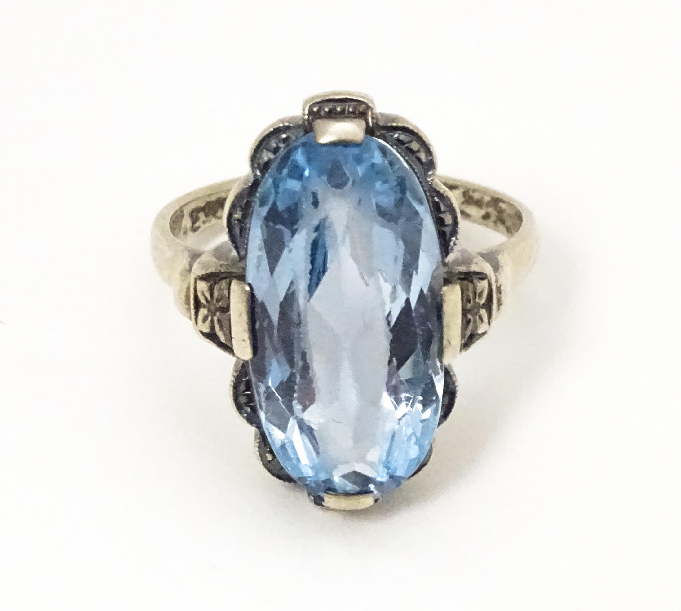 A Continental .830 silver ring set with aquamarine. Ring size approx. L 1/2 Please Note - we do