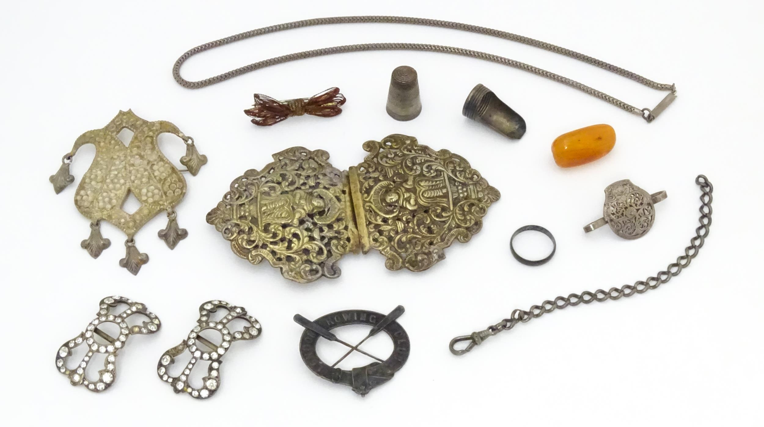 A pair of 19thC shoe buckles set with paste stones, together with assorted brooches including a