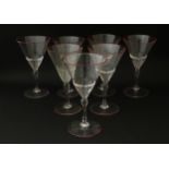 Salviati & Co. Glassware: Seven Venetian glass pedestal drinking glasses with pink detail to rims.