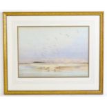 Charles Whymper (1853-1941), Watercolour, A landscape with a muster of storks, some in flight.