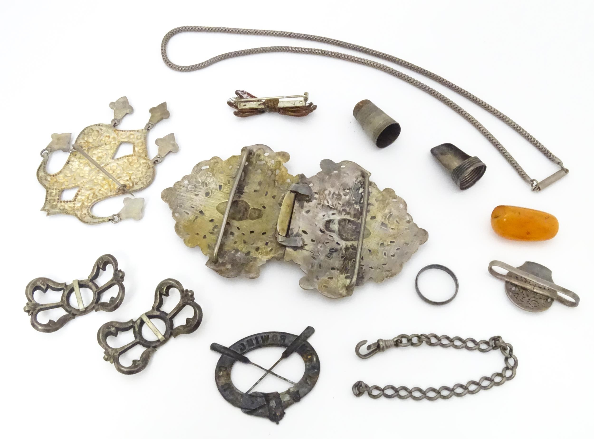 A pair of 19thC shoe buckles set with paste stones, together with assorted brooches including a - Image 2 of 11