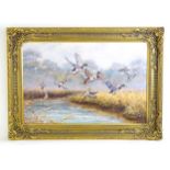 Kim Brooks (b. 1936), Oil on canvas, Rising Mallards, Ducks in flight over reeds. Signed lower right