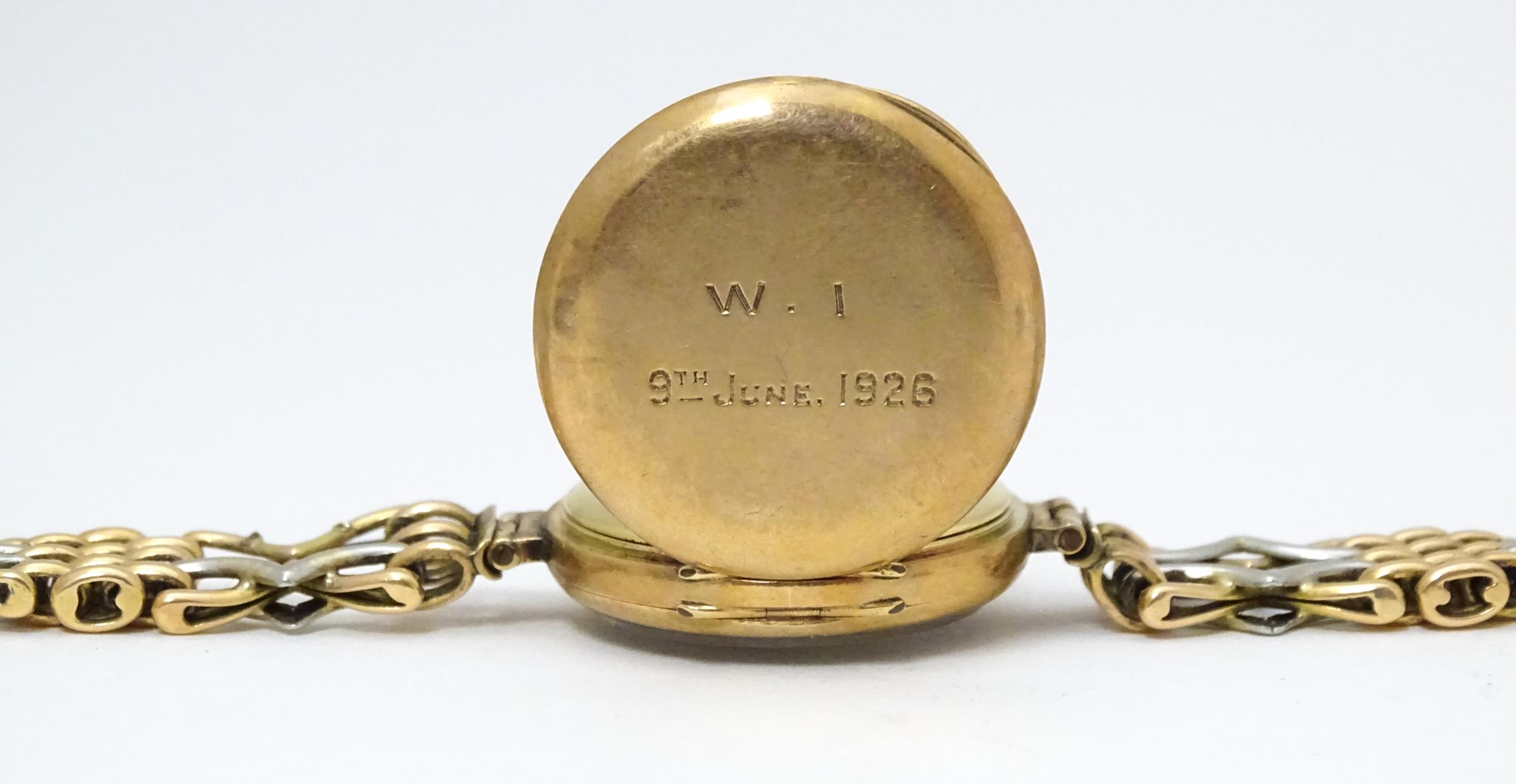 A c.1925 9ct gold cast ladies wristwatch, the dial with engraved decoration, Arabic numerals and - Image 7 of 11