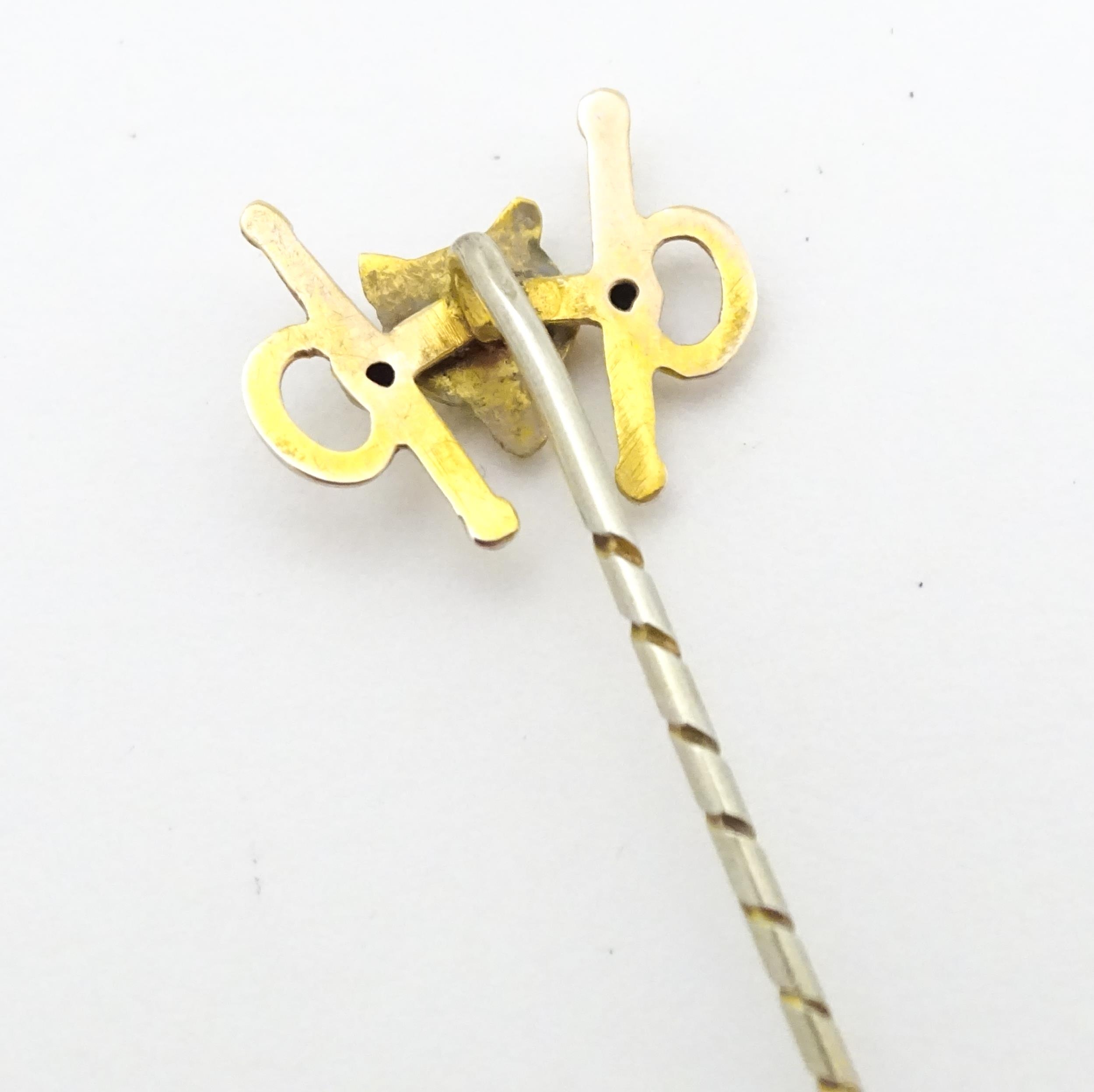 Five assorted yellow and white metal stick pins to include two decorated with stag head detail, - Image 6 of 11