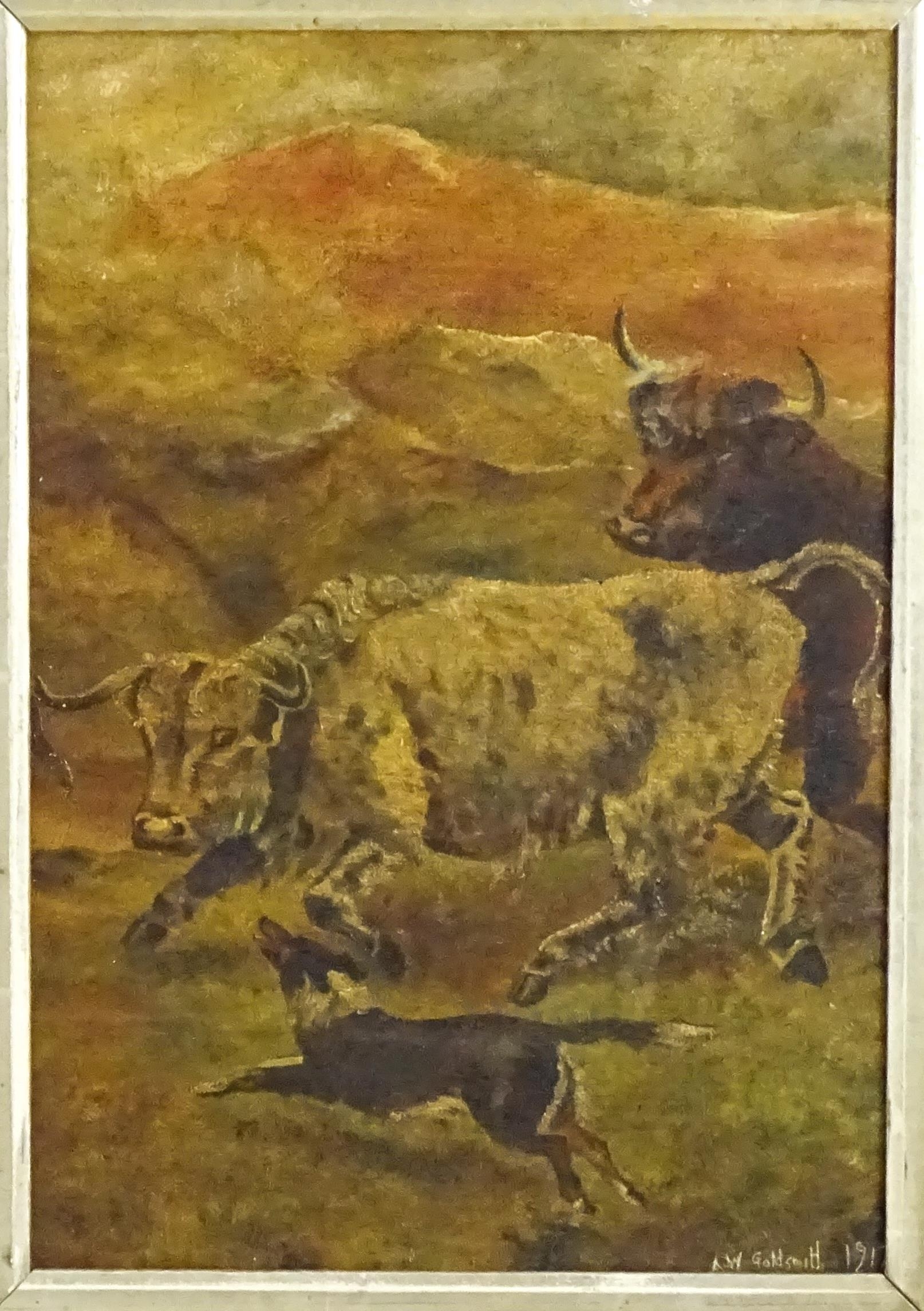 A. W. Goldsmith, Early 20th century, Oil on canvas laid on board, A landscape scene with cattle - Image 3 of 4