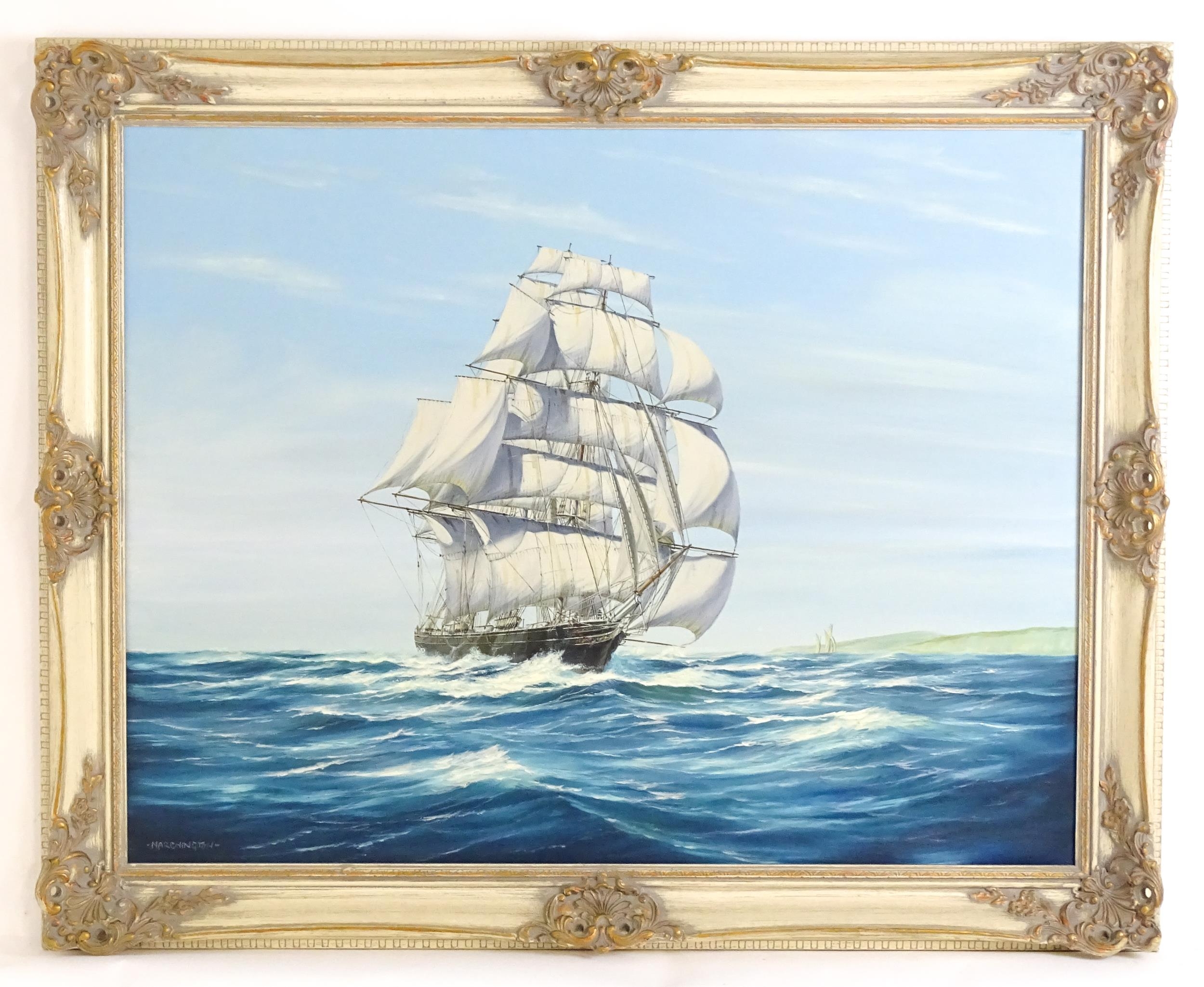 Philip Marchington, 20th century, Oil on canvas, A tall ship off the coast. Signed lower left.