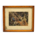 A 19thC lithograph 'Rabbit Shooting'. In a birdseye maple frame. Approx. 9" x 11 3/4" Please