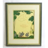 A 20thC Savoy Restaurant London menu cover, illustrated with a theatrical garden scene with