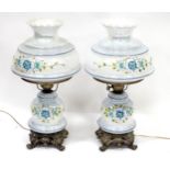 A pair of Continental electric table lamps formed as oil lamps with floral decoration, each approx